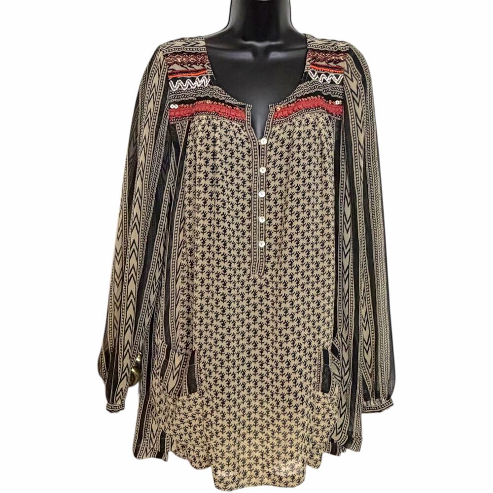 FREE PEOPLE FEATHER IN THE WIND BEADED TUNIC TOP BOHO SHEER EMBELLISHED SIZE L
